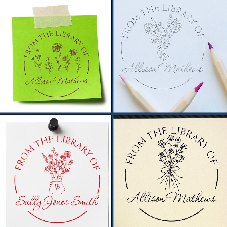 Custom bookplate stamp featuring floral designs, perfect as a gift for readers. Ideal bookplate and book stamp for kids, adding a personal touch to their library. Personalize with names for a unique reading accessory.