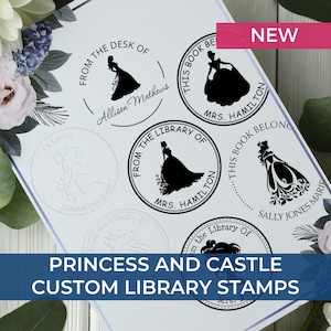 Princess-themed personalized stamp set featuring elegant designs, perfect for unique gifts and creative gift ideas. Ideal for adding a royal touch to books and stationery.