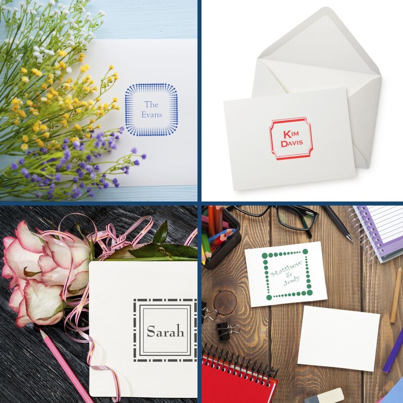 Handmade gift ideas featuring personalized stationery perfect for office supplies, wedding favors, and crafting projects. Includes custom notecards with envelopes, floral accents, and elegant designs for special occasions.