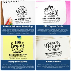 Four-panel graphic showing personalized “Smith Family” address stamp examples with inspirational designs, labeled uses: Return Address Stamping, Gift Tags & Cards, Party Invitations, and Event Favors.