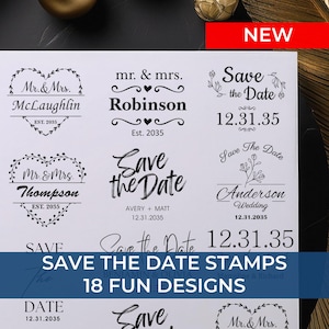 May include: A set of 18 black and white rubber stamps with various designs for saving the date. The stamps feature different fonts, floral designs, and the text "Save the Date".