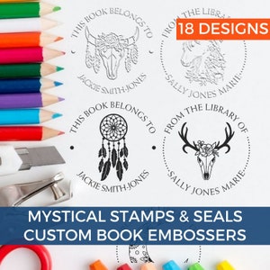 Personalized Library Embosser Seal, Self-Inking Stamp or Seal Embosser, Open Book, Flowers, Floral, Wildflowers, Fleur de Lis, Cowboy Boot