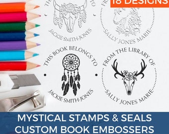 Personalized Library Embosser Seal, Self-Inking Stamp or Seal Embosser, Open Book, Flowers, Floral, Wildflowers, Fleur de Lis, Cowboy Boot