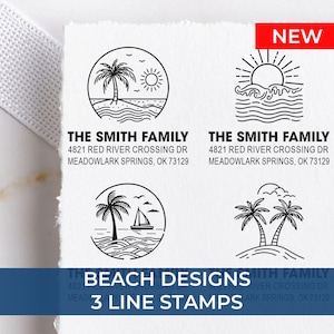 May include: Four black and white beach-themed stamps with the text "THE SMITH FAMILY" and address details. Designs include palm trees, sun, waves, and a sailboat. The text "BEACH DESIGNS" and "3 LINE STAMPS" are also visible.