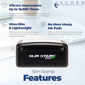 May include: A black Slim Stamp 4141 with the text "Slim Stamp Features" and additional text describing its features: vibrant impressions, ultra-slim and lightweight, and no messy ink pads.