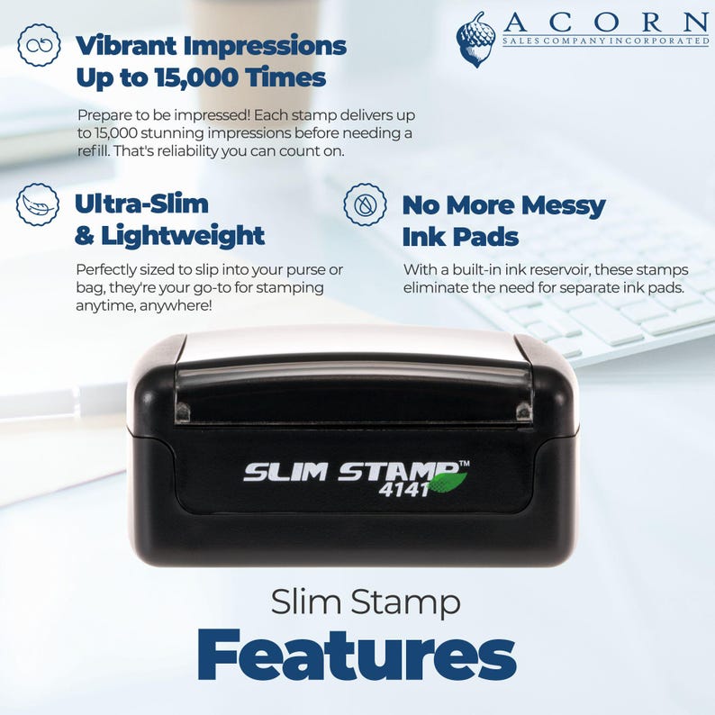 May include: A black Slim Stamp 4141 with the text "Slim Stamp Features" and additional text describing its features: vibrant impressions, ultra-slim and lightweight, and no messy ink pads.