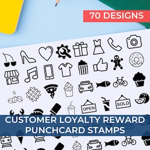 May include: Black and white illustrations of 70 different designs for customer loyalty reward punch cards. The designs include a variety of icons such as a heart, a coffee cup, a car, a bicycle, a cupcake, a donut, a gift, a music note, a phone, a camera, a thumbs up, a gingerbread man, a fish, a pizza slice, a waffle, a store front, a pair of sunglasses, a shoe, a wrench, a popcorn bucket, a t-shirt, a  coffee bean, a  shell, a  train, an ice cream cone, and an open sign.