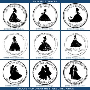 Personalized fairy tale gifts featuring princess gifts and children's book stamps. Ideal as a personalized wedding gift, these custom stamps add a magical touch to any book collection. Choose your style for a unique, enchanting present.