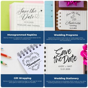 Elegant letter stamp designs for wedding planning, featuring 'Save the Date' and custom gift stamp options. Perfect for monogrammed napkins, wedding programs, gift wrapping, and wedding stationery.
