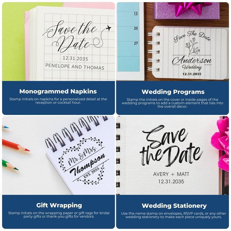 Elegant letter stamp designs for wedding planning, featuring 'Save the Date' and custom gift stamp options. Perfect for monogrammed napkins, wedding programs, gift wrapping, and wedding stationery.