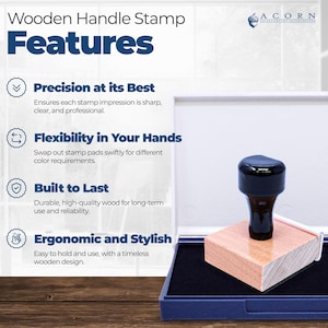 May include: A wooden handle stamp with a black ink pad. The stamp has a black handle and a light brown wooden base. The image also includes text that says "Wooden Handle Stamp Features".