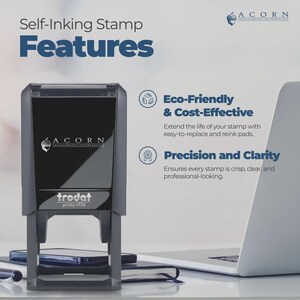 May include: A self-inking stamp with the text "Features" and "ACORN" displayed. The stamp is black and gray, with the brand name "trodat" and model "printy 4924" visible. The image also highlights eco-friendly and cost-effective features.