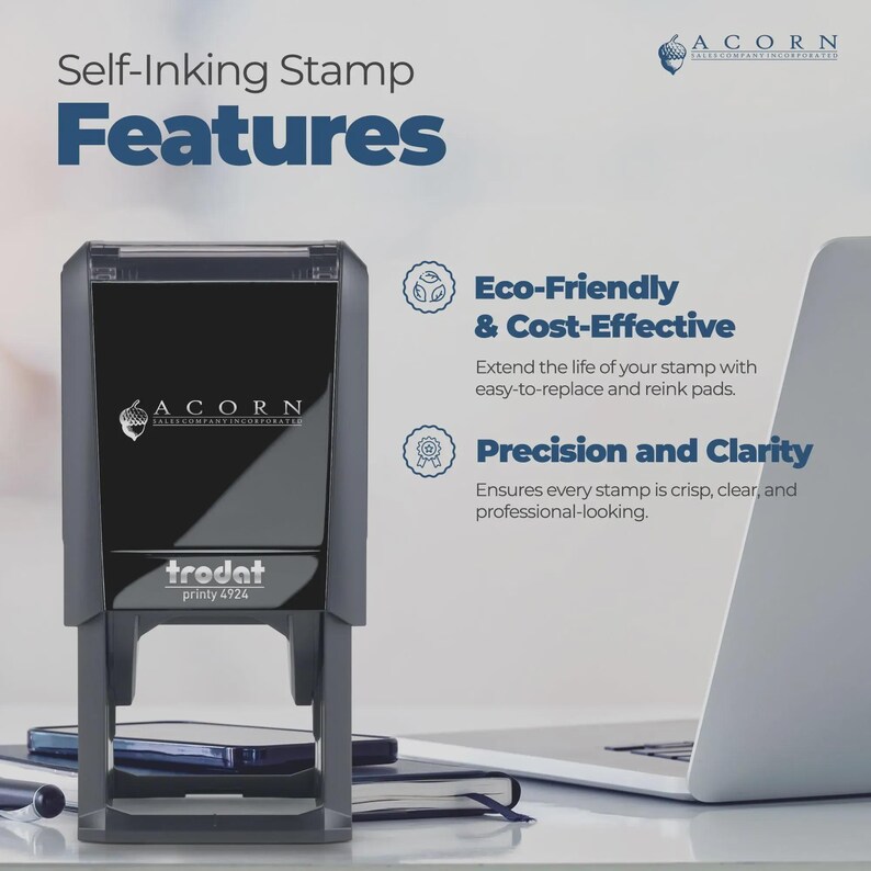 May include: A self-inking stamp with the text "Features" and "ACORN" displayed. The stamp is black and gray, with the brand name "trodat" and model "printy 4924" visible. The image also highlights eco-friendly and cost-effective features.