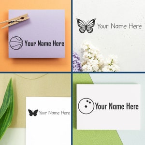 Personalized clothing stamp with self-inking stamp for fabric, featuring fabric ink stamp designs like a butterfly and sports icons. Ideal for marking clothes with custom names. Perfect for personalizing garments efficiently.