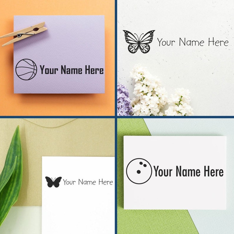 Personalized clothing stamp with self-inking stamp for fabric, featuring fabric ink stamp designs like a butterfly and sports icons. Ideal for marking clothes with custom names. Perfect for personalizing garments efficiently.