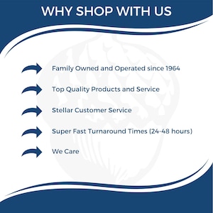Promotional image highlighting reasons to shop, emphasizing family-owned business since 1964, top quality products, stellar customer service, and fast turnaround. Ideal for custom address stamp, custom design stamp, and fairy name stamper enthusiast