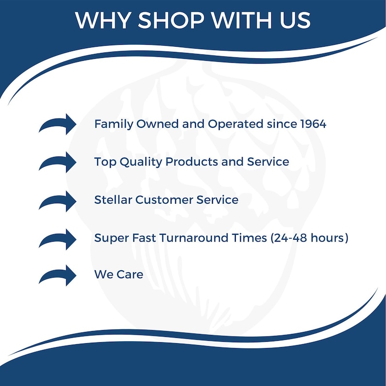 Promotional image highlighting reasons to shop, emphasizing family-owned business since 1964, top quality products, stellar customer service, and fast turnaround. Ideal for custom address stamp, custom design stamp, and fairy name stamper enthusiast