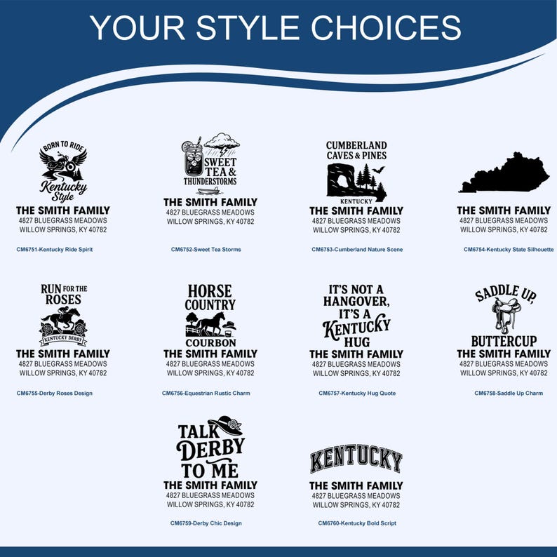 K&ouml;nnte beinhalten: Eine Sammlung von schwarz-wei&szlig;en Grafikdesigns mit Text, darunter S&auml;tze wie "Kentucky Style", "Sweet Tea & Thunderstorms" und "Cumberland Caves & Pines". Jedes Design enth&auml;lt den Namen "The Smith Family" und die Adresse.