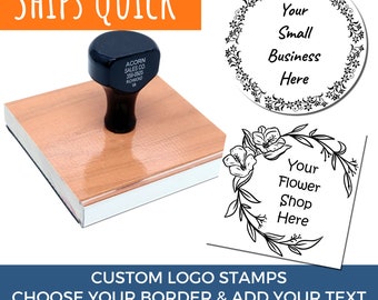 Classic Rubber Stamp, Flower Border and Custom Text Ink Stamp, Custom Wood Stamp, Personalized Business Card Stamp