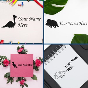 Fabric stamp for nursing homes featuring dinosaur designs. Buy T-Rex stamp for personalizing items. Ideal kids name stamp for nursing homes, ensuring belongings are easily identified. Perfect for labeling clothes and stationery.
