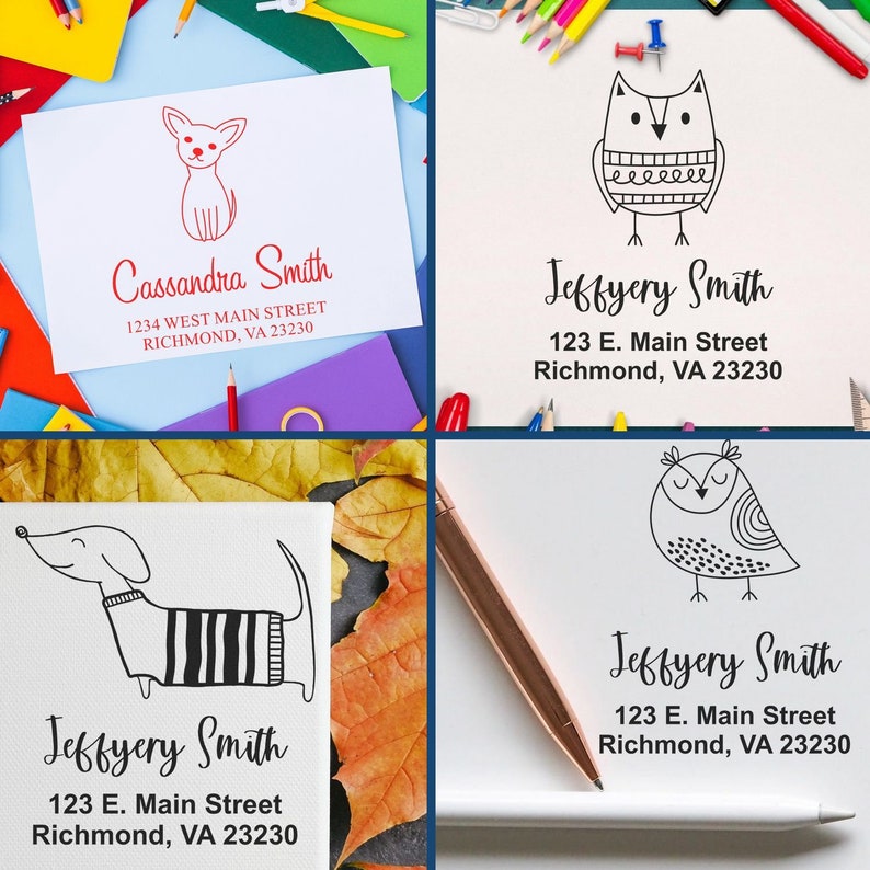 Custom pet address stamps featuring dog stamp, cat lover stamp, and cat themed stamp designs. Perfect for personalizing mail with unique animal illustrations. Ideal for pet enthusiasts seeking creative and functional stationery solutions.