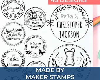 Made By Personalized Stamp, Handmade By Stamp,  Handcrafted By, Calligraphy Packaging, Maker Stamp, 45 Designs to Choose