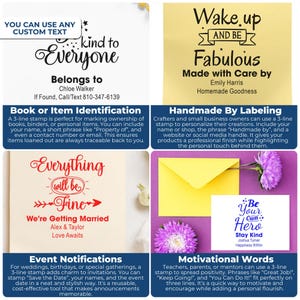 Four-panel promotional graphic showing customizable 3-line stamp uses: book/item identification with name and contact info, “handmade by” product labeling, event notifications (wedding announcement example), and motivational words on a note card; includes sample stamp designs and the phrase “You can use any custom text.”