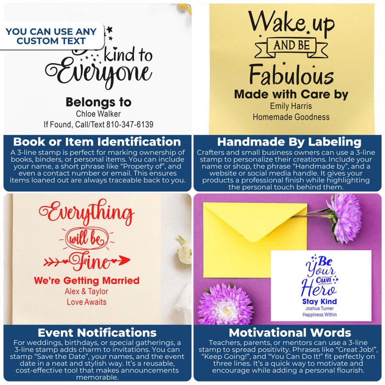 Four-panel promotional graphic showing customizable 3-line stamp uses: book/item identification with name and contact info, “handmade by” product labeling, event notifications (wedding announcement example), and motivational words on a note card; includes sample stamp designs and the phrase “You can use any custom text.”
