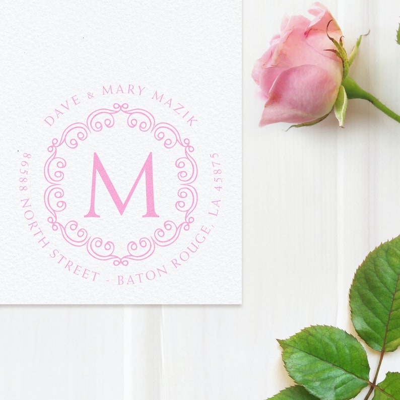 Elegant address stamp design featuring personalized details, perfect for an address stamper. Ideal for mailing supplies, this decorative stamp adds a touch of sophistication to envelopes and stationery.
