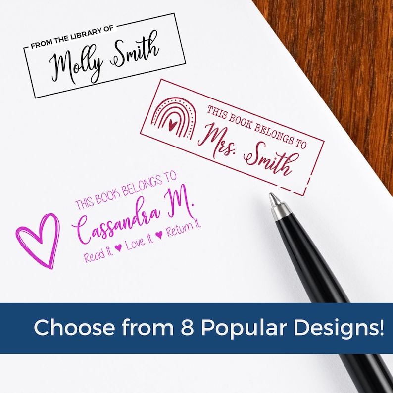 Personalized book stamp featuring rainbow and heart designs, perfect as a custom book stamp for a Teacher's Day gift. Choose from 8 popular designs to add a unique touch to your library collection.