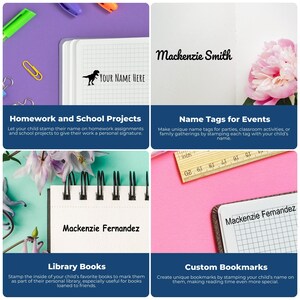 Image showcasing a wood name stamper and signature stamp for documents and personal use. Ideal for homework, school projects, name tags, library books, and custom bookmarks, enhancing personalization and efficiency in various tasks.