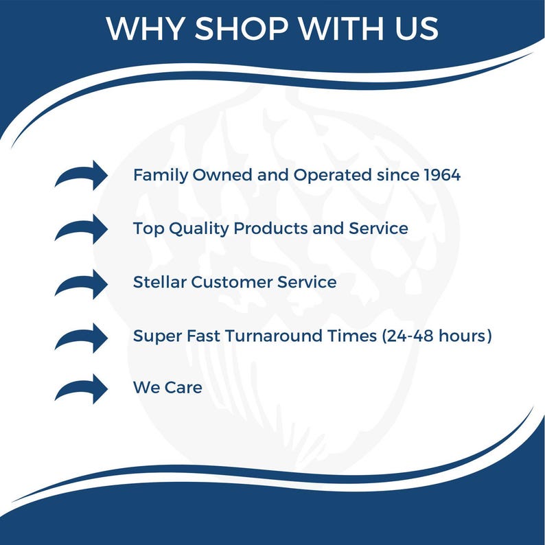 May include: A navy blue graphic with white text that reads "WHY SHOP WITH US". The text lists reasons to shop, including "Family Owned and Operated since 1964", "Top Quality Products and Service", and "Stellar Customer Service".