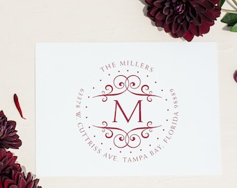 Custom Circular Embellish Return Address Stamp | Round Monogram Address Stamper For Wedding Invitations & Save The Dates