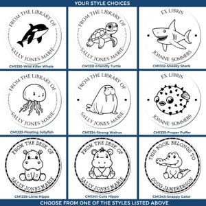 Ocean themed book embosser featuring sea animals like turtles, sharks, and jellyfish. Perfect as a fun book embosser or book stamp gift for ocean lovers. Personalize your library with this unique sea animal book embosser.