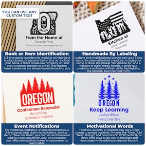 May include: A selection of custom stamps with diverse designs and text. One stamp showcases the state of Oregon, another features a Bigfoot design, and others include text for event notifications and motivational messages. These stamps are for personal or business use.