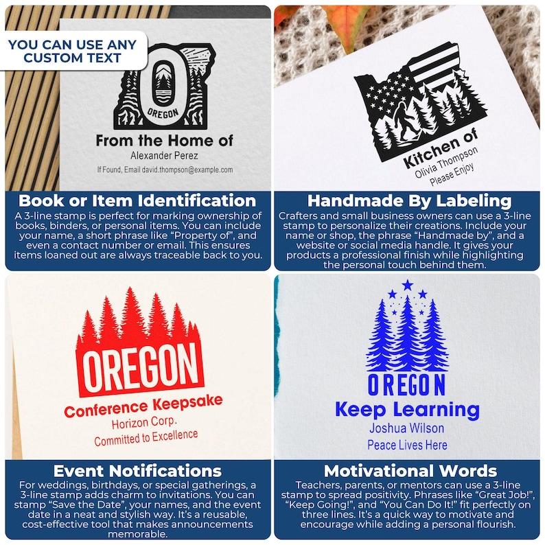 May include: A selection of custom stamps with diverse designs and text. One stamp showcases the state of Oregon, another features a Bigfoot design, and others include text for event notifications and motivational messages. These stamps are for personal or business use.