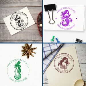 Custom stamps featuring ocean decor and mermaid designs, perfect for book embossers and handmade stamps. Personalize your library or desk with these unique, artistic touches. Ideal for book lovers and ocean-themed stationery enthusiasts.