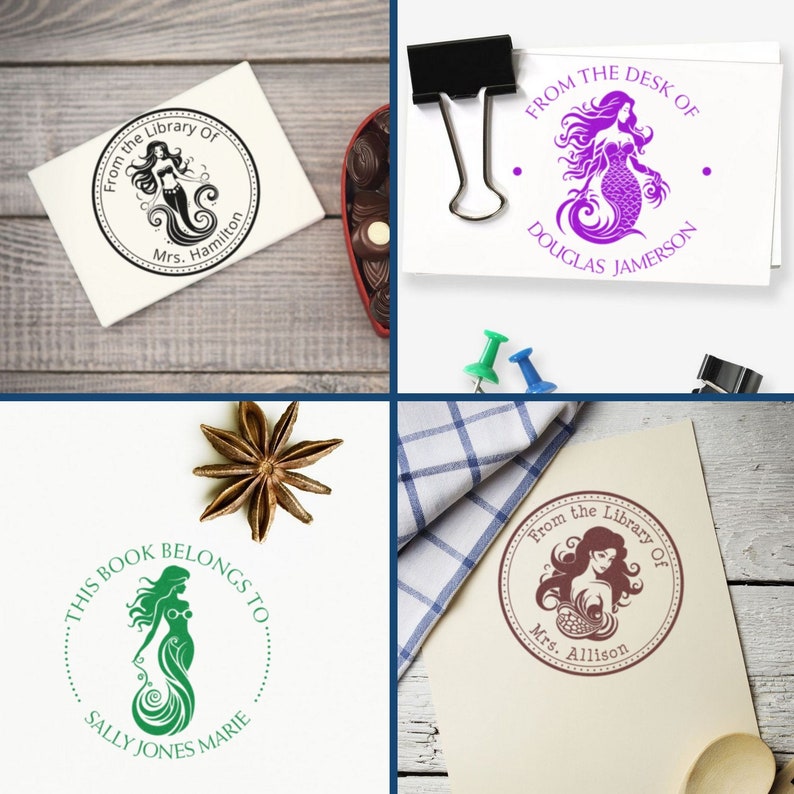 Custom stamps featuring ocean decor and mermaid designs, perfect for book embossers and handmade stamps. Personalize your library or desk with these unique, artistic touches. Ideal for book lovers and ocean-themed stationery enthusiasts.