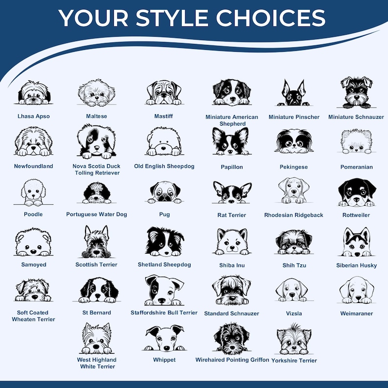 Illustrated chart showcasing various dog breeds, perfect for pet lover gifts. Features pre-inked stamps and inked stamp designs, offering a unique dog gift option. Ideal for customizing with your favorite breed.