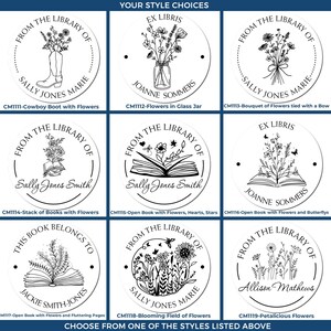 Nine customizable book lover stamps featuring designs like flowers, books, and boots. Ideal as a teacher stamp or reading stamp, each style offers a unique way to personalize your library collection.
