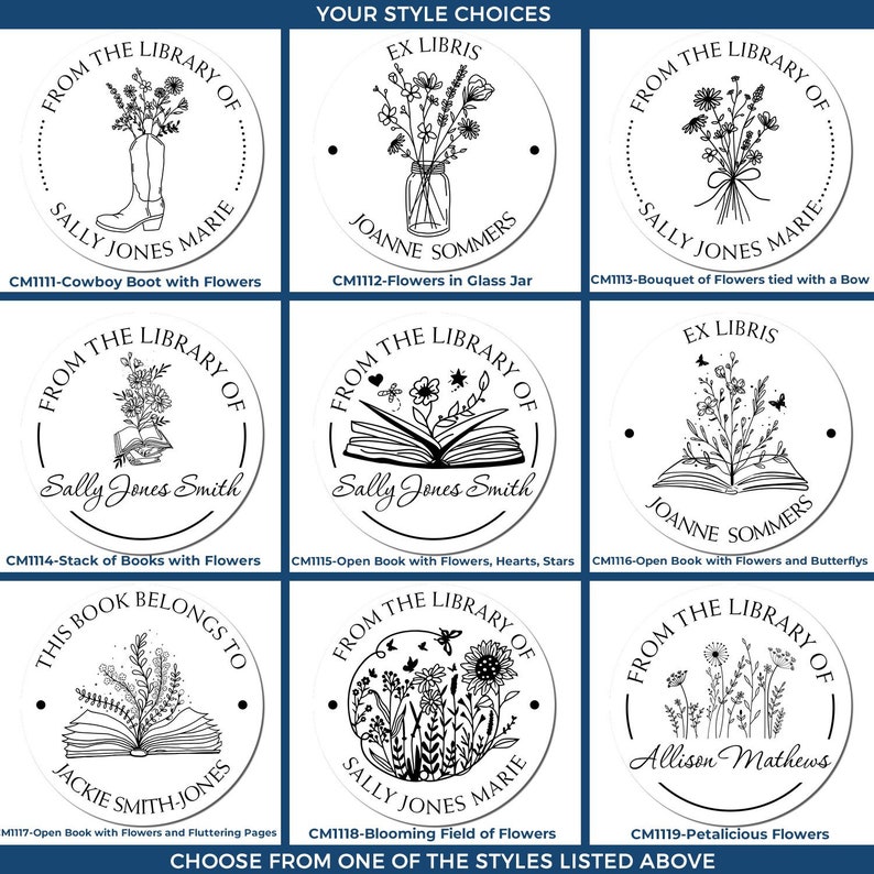 Nine customizable book lover stamps featuring designs like flowers, books, and boots. Ideal as a teacher stamp or reading stamp, each style offers a unique way to personalize your library collection.