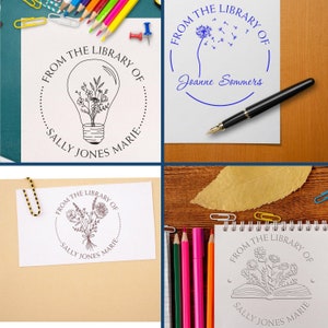 Library stamp designs for personalized book ownership, book marking, and stationery stamps. Ideal for adding a unique touch to your collection. Various styles displayed with pens and paper clips.