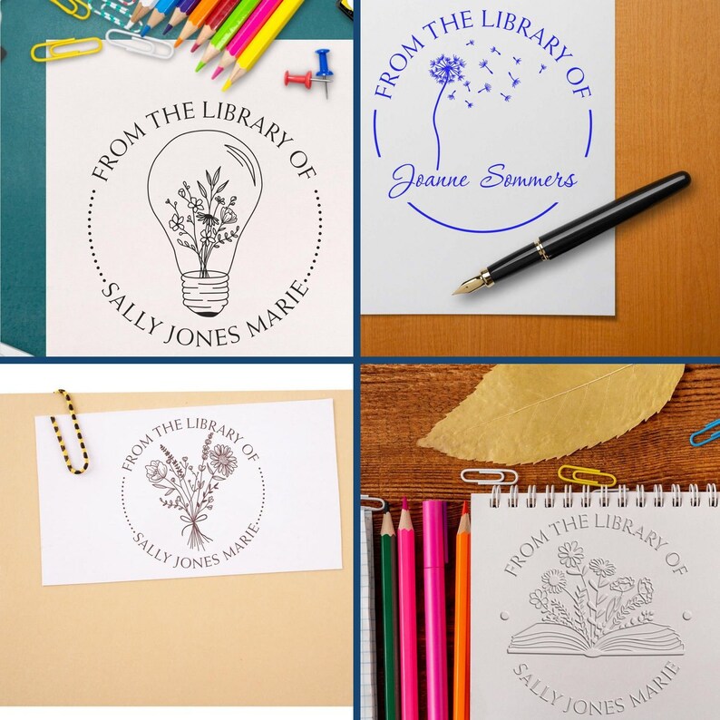 Library stamp designs for personalized book ownership, book marking, and stationery stamps. Ideal for adding a unique touch to your collection. Various styles displayed with pens and paper clips.