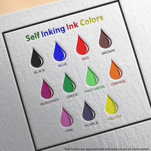 Rectangular stamp with colorful ink options displayed, ideal for craft stamp projects. This rubber impression stamp offers self-inking in black, blue, red, brown, burgundy, green, mint green, orange, pink, purple, and yellow.