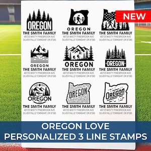 May include: A sheet of personalized stamps with Oregon-themed designs. Each stamp includes the text "OREGON" and the address "48725 MISTY PINEBROOK AVE SILVER FALLS TOWNSHIP, OR 97385". The stamps are labelled "OREGON LOVE PERSONALIZED 3 LINE STAMPS".
