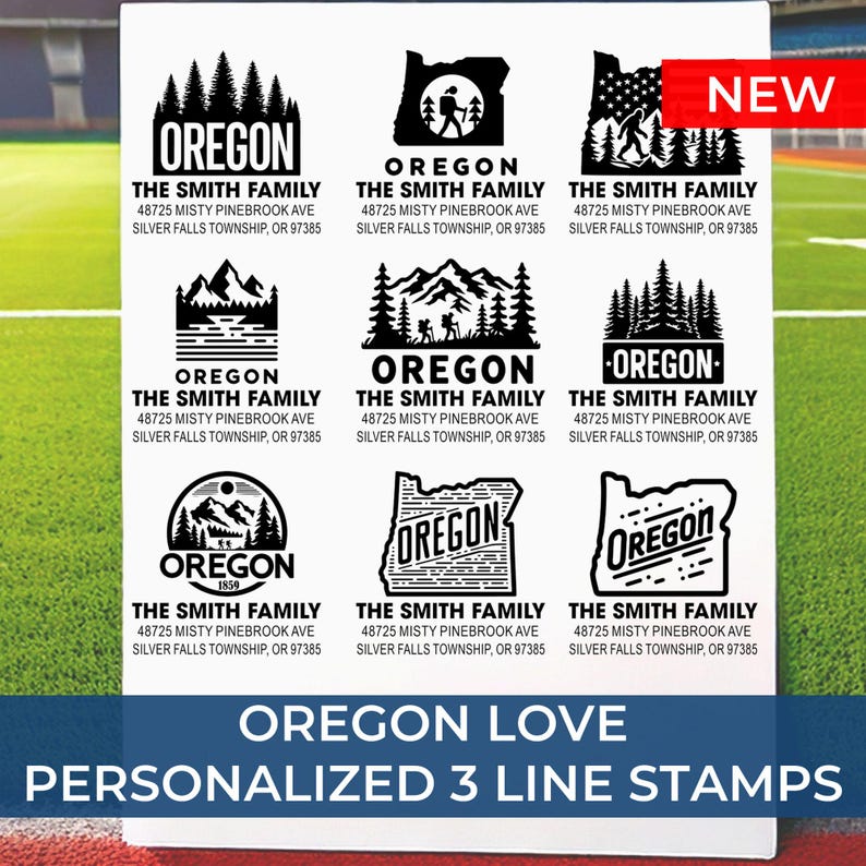 May include: A sheet of personalized stamps with Oregon-themed designs. Each stamp includes the text "OREGON" and the address "48725 MISTY PINEBROOK AVE SILVER FALLS TOWNSHIP, OR 97385". The stamps are labelled "OREGON LOVE PERSONALIZED 3 LINE STAMPS".