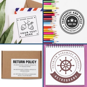 Custom stamp designs featuring upload your business logo stamp options. Explore rubber stamps custom made for branding, including return policy and premium handmade product styles. Perfect for personalized business needs.