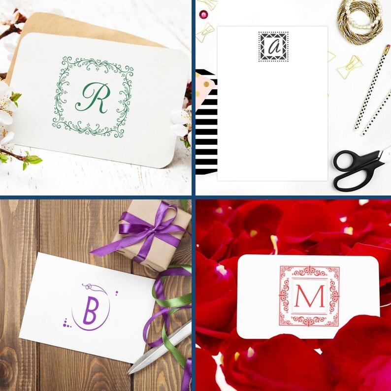 Personalized wedding favor stamp featuring a self-inking monogram stamp design. Ideal for initials embossing stamp needs, this wedding favor stamp adds elegance to invitations and gifts. Perfect for creating unique, personalized wedding favors.