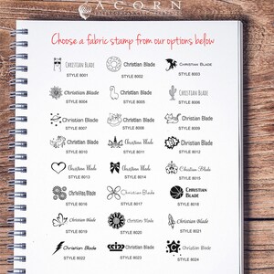 Fabric ink pad options displayed in a catalog for custom self-inking stamper designs. Ideal for creating a personalized name stamp for school uniforms, featuring various styles and icons to choose from.