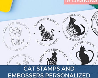 Library Stamp, Cat Embosser, Majestic Kitten Stamp & Seals, Personalized Book Belongs Stamp, Celestical Cat Design, Custom Self-Inking Stamp